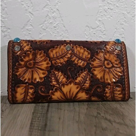 Women's leather embossed floral snap wallet card slots zipper pouch Gem Studded - Picture 2 of 9